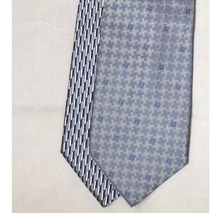 Geoffrey Beene Mens 100% Silk Tie Geometric Striped Blue Grey 80s 90s Retro